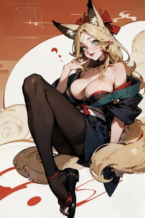 (Fox ears), Exquisite eyes, blond，Facial details, Red Eyeshadow, red lips, Fake laugh, Ukiyo-e, masterpiece, high quality, at the lowest limit, Large Breasts，Black pantyhose,solo