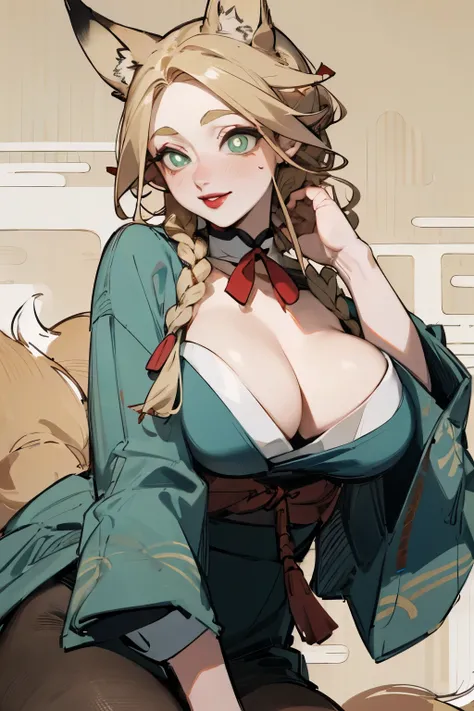 (Fox ears), Exquisite eyes, blond，Facial details,  Red Eyeshadow, red lips,  Fake laugh, Ukiyo-e, masterpiece, high quality, at the lowest limit, Large Breasts，Black pantyhose,solo