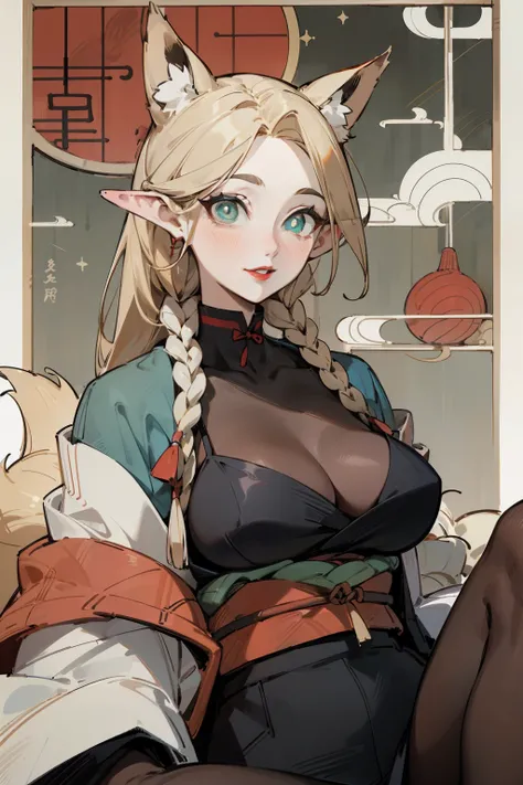 (Fox ears), Exquisite eyes, blond，Facial details, Red Eyeshadow, red lips, Fake laugh, Ukiyo-e, masterpiece, high quality, at the lowest limit, Large Breasts，Black pantyhose,solo