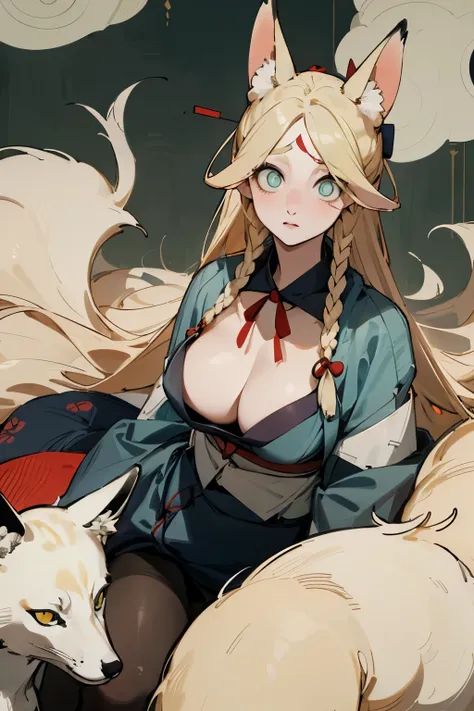 (Fox ears), Exquisite eyes, blond，Facial details,  Red Eyeshadow, Ukiyo-e, masterpiece, high quality, at the lowest limit, Large Breasts，Black pantyhose,solo