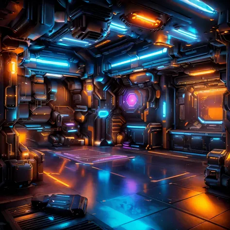 a close up of a room with a lot of lights and a lot of furniture, sci - fi interior, cyberpunk space station, cyberpunk setting, cyberpunk interior, space station interior, scifi setting, cyberpunk garage on jupiter, inside a futuristic army base, scifi ro...