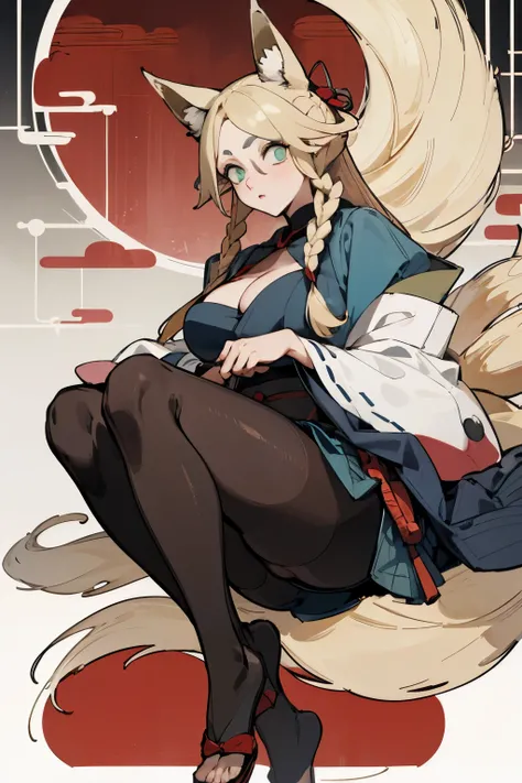 (Fox ears), Exquisite eyes, blond，Facial details,  Red Eyeshadow, Ukiyo-e, masterpiece, high quality, at the lowest limit, Large Breasts，Black pantyhose,solo