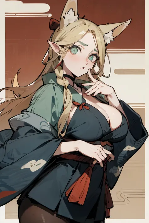 (Fox ears), Exquisite eyes, blond，Facial details,  Red Eyeshadow, Ukiyo-e, masterpiece, high quality, at the lowest limit, Large Breasts，Black pantyhose,solo