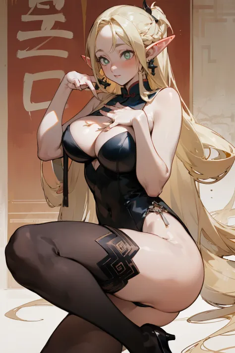 (masterpiece, best quality) detailed, Wearing black tights, silver accessories , Blonde ,elegant, Pointed ears ，Chinese element pattern，thigh，漏出thigh，Succubus，Large Breasts