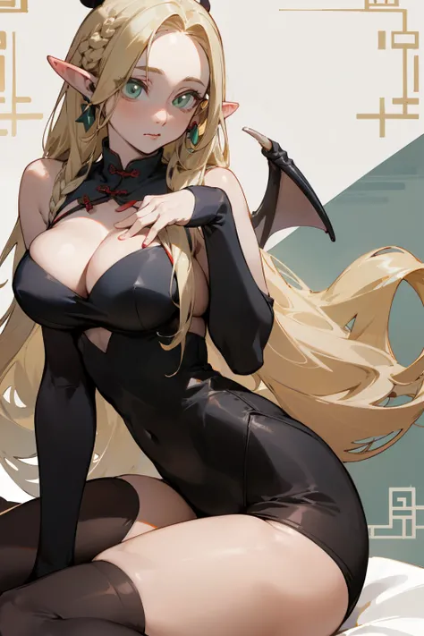 (masterpiece, best quality) detailed, Wearing black tights, silver accessories , Blonde ,elegant, Pointed ears ，Chinese element pattern，thigh，漏出thigh，Succubus，Large Breasts