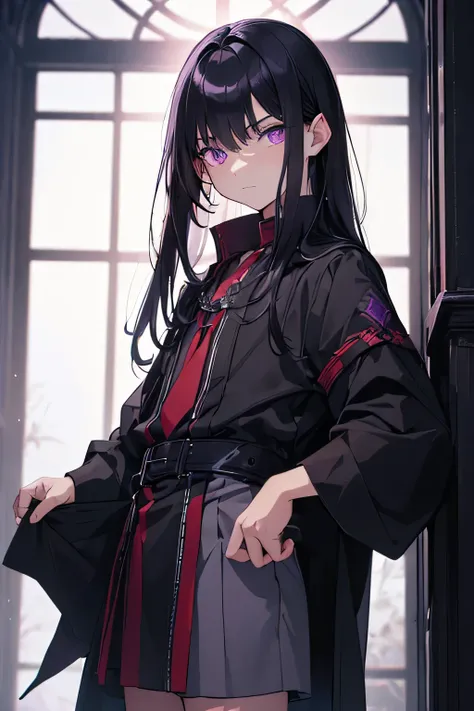 (best quality,high resolution,Super detailed,Practical:1.2),Little boy with black hair and purple eyes,,Pointed ears, medium long hair, Beautiful boy, prince, Describe in great detail, Exudes a dark aura, Similar to half demon, Standing in a mysterious sce...