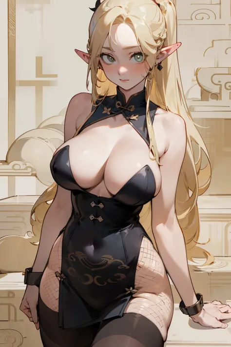 (masterpiece, best quality) detailed, Wearing black tights, silver accessories , Blonde ,elegant, Pointed ears ，Chinese element pattern，thigh，漏出thigh，Succubus，Large Breasts