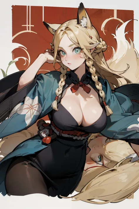 (Fox ears), Exquisite eyes, blond，Facial details, Red Eyeshadow, Ukiyo-e, masterpiece, high quality, at the lowest limit, Large Breasts，Black pantyhose,solo