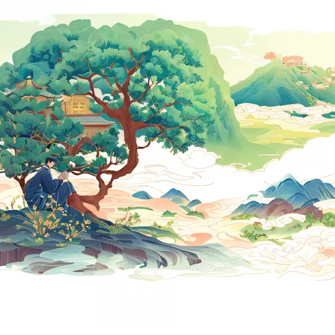 painting of a man sitting under a tree with a book,  by pu hua, a beautiful artistic illustration,chinese artists, ancient trees...