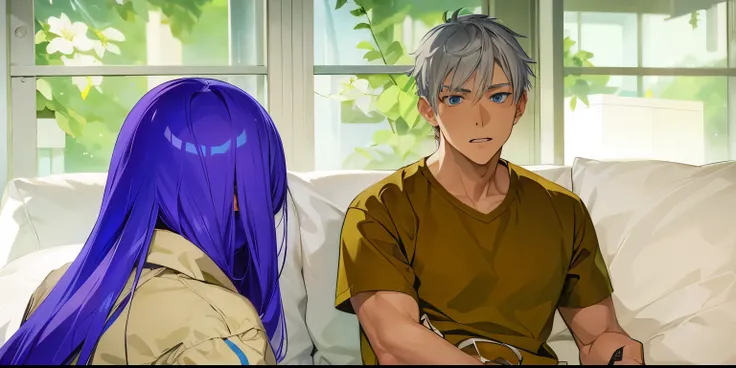 estilo anime 2d, There is a woman with gray hair, her back is turned, and a 16-year-old boy with gray hair, blue eyes, is talking, he is sad.