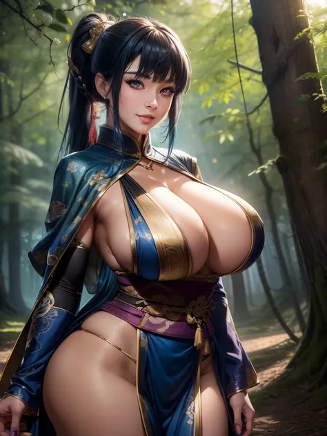 {{{masterpiece}}}, {{{best quality}}}, {{ultra-detailed}}, {cinematic lighting}, {illustration}, {beautifuly detailed eyes}, {1girl}, extremely detailed, 1girl, solo,  A full-body picture of a beautiful ninja warrior, blue hair in two long ponytails, weari...