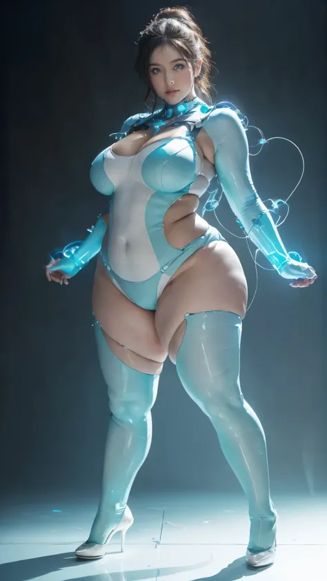 (highest quality、8k、32k、masterpiece、Ultra-high resolution:1.2、Perfect body beauty:1.2、Wearing a futuristic hero suit that glows pale blue and white:1.5、rain、street、Cute 25 year old White woman、Big and ample breasts:1.5、Upper Body、front、Simple Background、Lo...