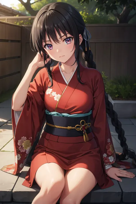 suzune horikita, long hair, black hair, (red eyes:1.3), hair ribbon, braid,
BREAK Japanese kimono yukata
BREAK park night,sitting,cowboy shot,
BREAK looking at viewer,
BREAK (masterpiece:1.2), best quality, high resolution, unity 8k wallpaper, extremely d...