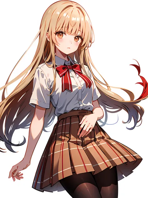 aamahiru, long hair, red bowtie, white shirt, short sleeves, plaid skirt, brown skirt, pantyhose