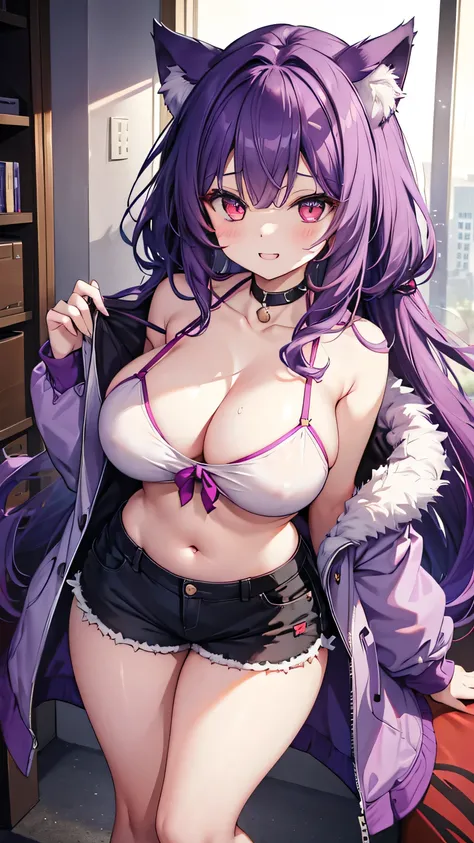 Wolf Girl, Large Breasts, Voluminous purple hair, masterpiece , Red eyes, hd, Thick thighs, Head to Chest, buried in my chest、Underboob、Double teeth、tooth、camisole、Chubby、Grinning、Shorts、