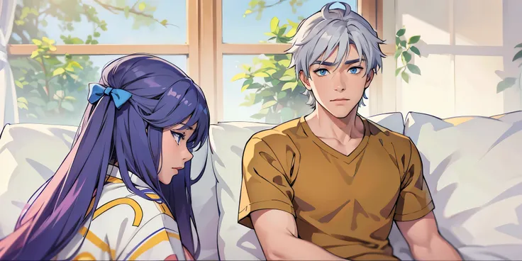 estilo anime 2d, There is a woman with gray hair, her back is turned, and a 16-year-old boy with gray hair, blue eyes, is talking, he is sad.