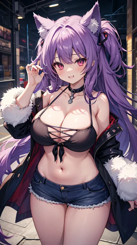 Wolf Girl, Large Breasts, Voluminous purple hair, masterpiece , Red eyes, hd, Thick thighs, Head to Chest, buried in my chest、Underboob、Double teeth、tooth、camisole、Chubby、Grinning、Shorts、