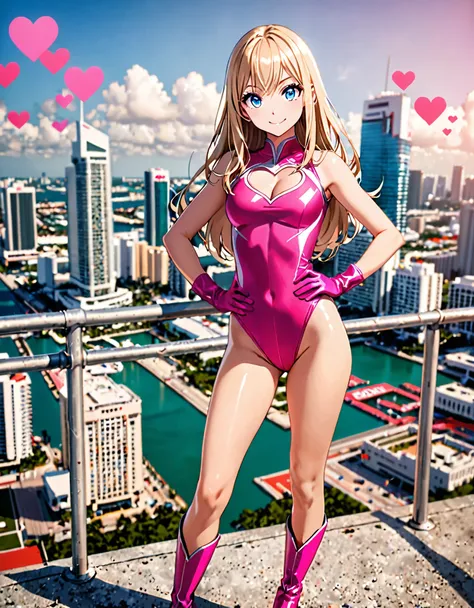 ((masterpiece)), ((best quality)), ((high res)), 1girl, solo, solo focus, (leotard, gymnast outfit leotard, pink leotard, sleeveless, bare legs), matching boots, looking at the viewer, miami city backdrop, (perfect hands), perfect anatomy, perfect proporti...