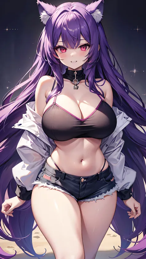 Wolf Girl, Large Breasts, Voluminous purple hair, masterpiece , Red eyes, hd, Thick thighs, Head to Chest, buried in my chest、Underboob、Double teeth、tooth、camisole、Chubby、Grinning、Shorts、