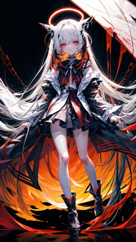 Anime girl, full body, very long hair, half white and half black hair, right eye color black, left eye color golden, dark aura, blood lust, black and red 