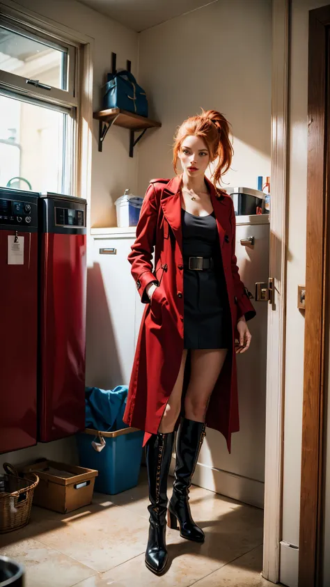 A beautiful redhead with a ponytail, in elegant black boots, elegant, beautiful female red coat, red painted nails, blue eyes, Beautiful woman, Leaning against the laundry room door, sad