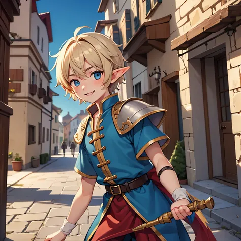 Beautiful, high quality, a 16 years old elf boy, twink body, blue eyes, cute face, messy hair, looking at the camera, smiling, wearing a medieval male style clothes, stand in a middle of street