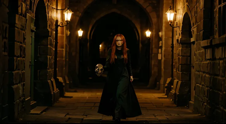 Witch with long red hair and green eyes holding a skull while walking through the castle at night 