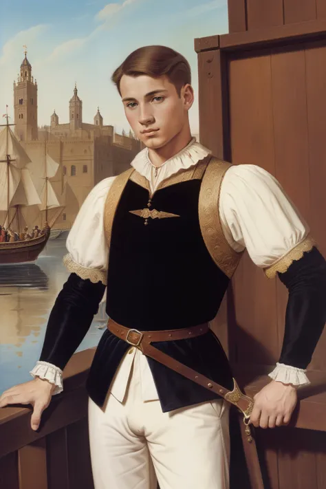 Seville, 1558. A young ((((20-year-old)) Barney Willard)), brave, handsome, stalwart, well-groomed, in a dock, ((((clothings from the 1550s)))), ((light blonde hairstyle of the 1550s)), colorful