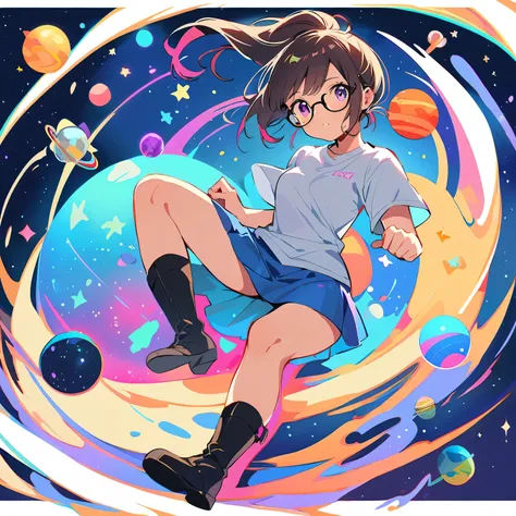 Stars and planets floating in outer space, 1 Girl Skin, Small Breasts, Wearing thick-framed glasses, Highlights her facial features, short hair, Ponytail and Gray, silver shirt, She wore another tight shirt underneath her shirt, Bright colors, and blue ski...