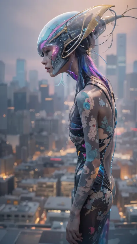 Human-looking alien standing full body, from above watching a city, cinematic lighting, (by (Daniel Mernagh) (Carne Griffiths) Monika Nowak), highly detailed, detailed, soft-bodied, alien face