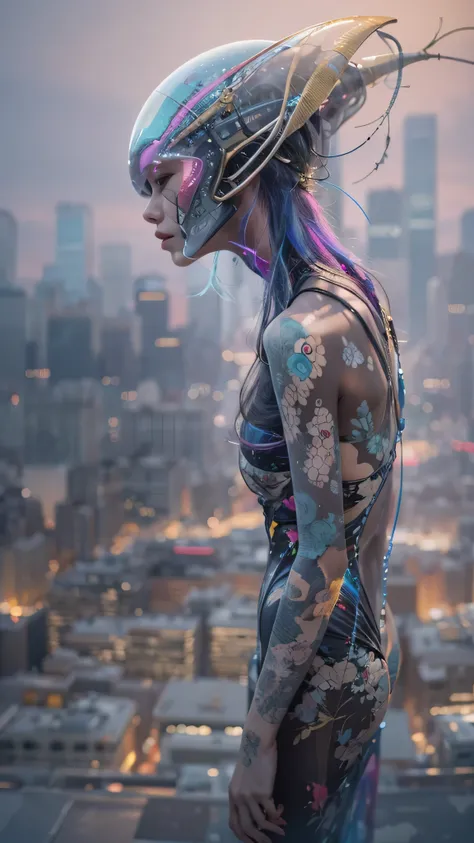 Human-looking alien standing full body, from above watching a city, cinematic lighting, (by (Daniel Mernagh) (Carne Griffiths) Monika Nowak), highly detailed, detailed, soft-bodied, alien face