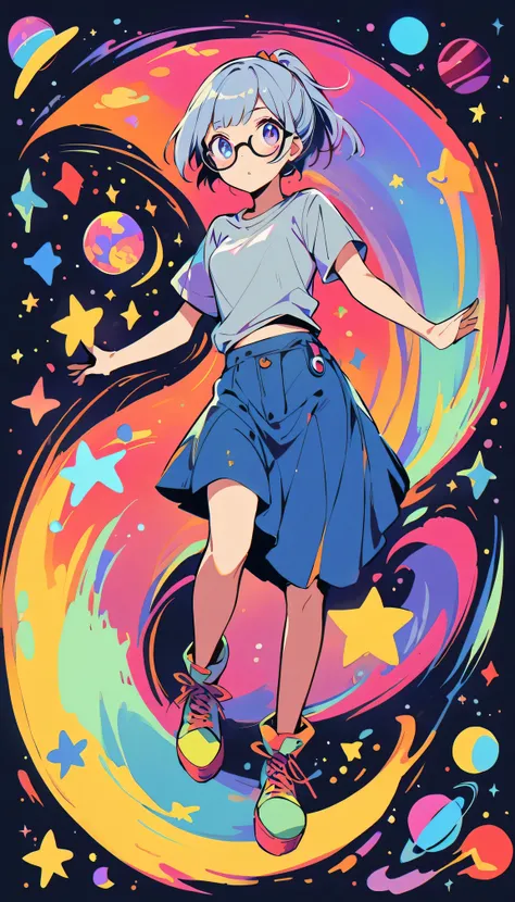 Stars and planets floating in outer space, 1 Girl Skin, Small Breasts, Wearing thick-framed glasses, Highlights her facial features, short hair, Ponytail and Gray, silver shirt, She wore another tight shirt underneath her shirt, Bright colors, and blue ski...