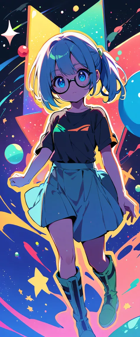 Stars and planets floating in outer space, 1 Girl Skin, Small Breasts, Wearing thick-framed glasses, Highlights her facial features, short hair, Ponytail and Gray, silver shirt, She wore another tight shirt underneath her shirt, Bright colors, and blue ski...