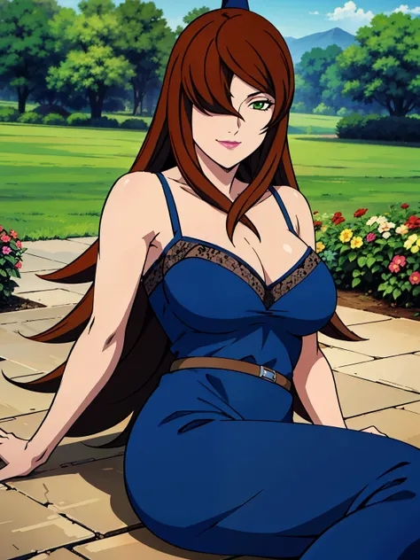 (lying, on side), blue dress, garden background, Mei Terumi, anime cels style, best quality, high resolution, 1girl, (large breasts:1.2), beautiful face, long hair, brown hair, green eyes, ((hair over one eye)), lipstick, cowboy shot, light smile