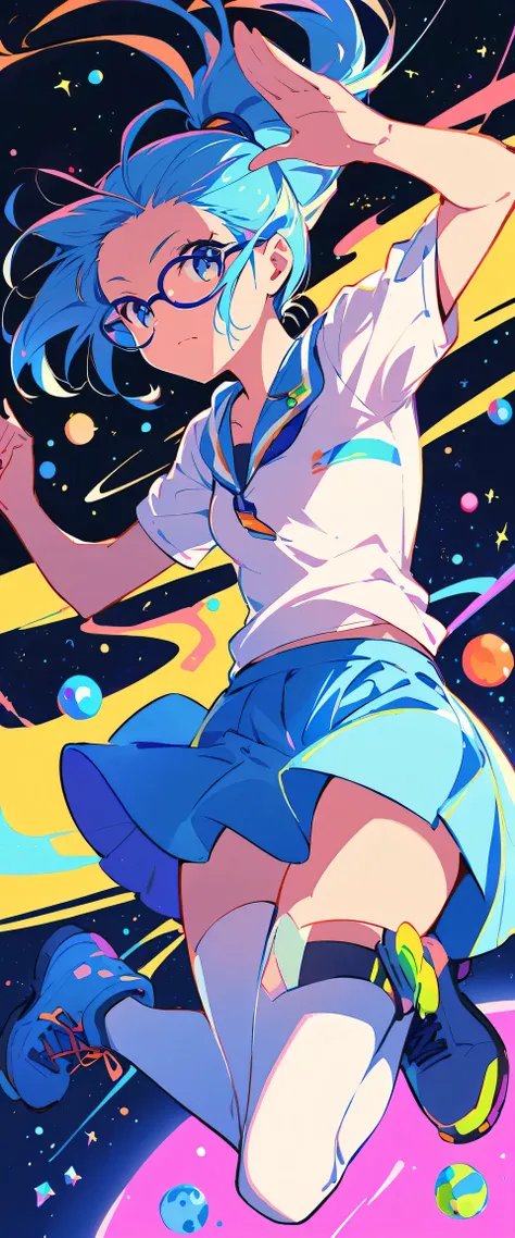 Stars and planets floating in outer space, 1 Girl Skin, Small Breasts, Wearing thick-framed glasses, Highlights her facial features, Ponytail, shirt, Bright colors, and blue skirt, High-top non-slip sole boots, Dynamic poses