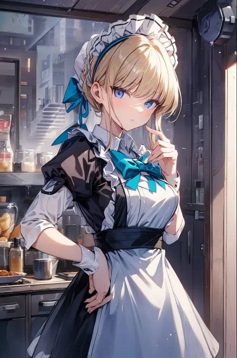 (cowboy shot:1.3),blonde hair,halo,blue eyes,tokidef, maid, maid headdress, maid apron, blue bow,masterpiece,noise reduction,per...