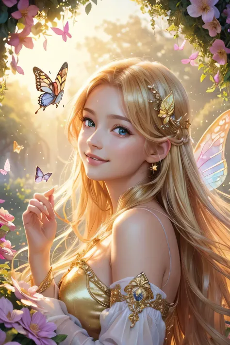 (starry fantasy), (illustration,watercolor), (bright,colorful, vivid), (best quality,highres), (golden, shining), (goddess-like beauty,detailed facial features, sparkling eyes), (a girl with a golden dress, flowing hair, and a radiant smile), (angelic wing...