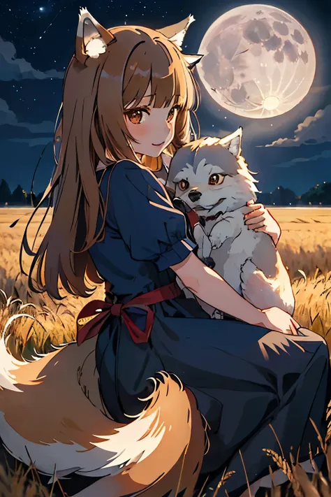 highest quality、high resolution、1 girl、alone、holo、canine、tooth、(aligning bangs、light brown hair、wolf ears、one tail、holo、navy blu...