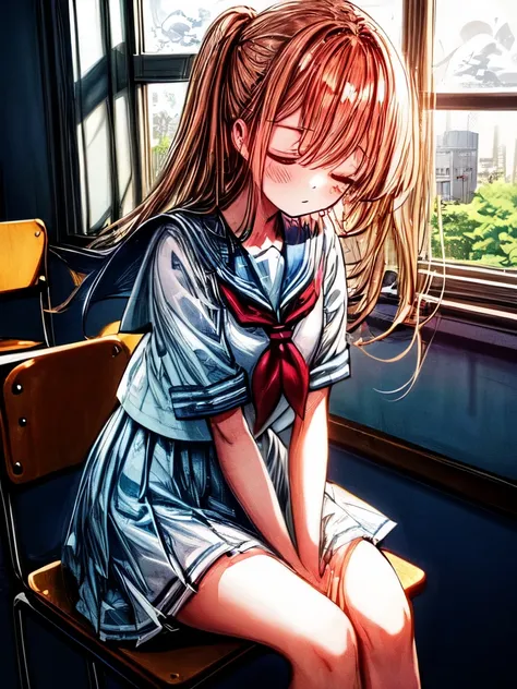 Create an image of a sitting girl who is sleeping in a classroom during the day, sailor suit, classroom, A person leaning on their hand and staring at you with a thoughtful expression. The image should capture the essence of summer, The girl should be in a...