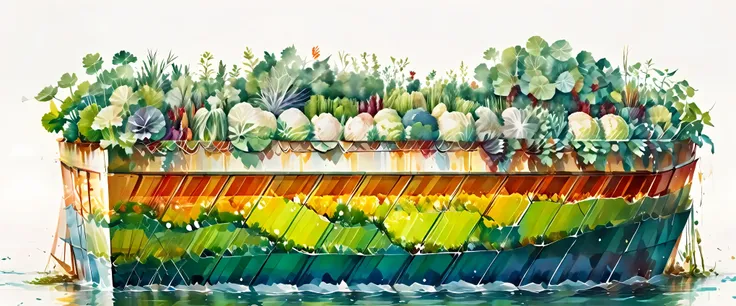 data visualization of a cross-section of a metal hexagonal boat floating on the water for vegetable cultivation，white background