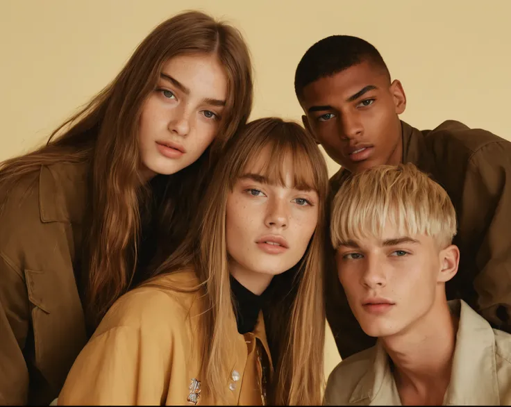 4 Zara models are posing from full length, the first is a beautiful model girl with long brown hair, bangs and freckles, the second is a cheerful girl with long blond hair and a model body, the third is a handsome male model with blond buzz cut hair, the l...