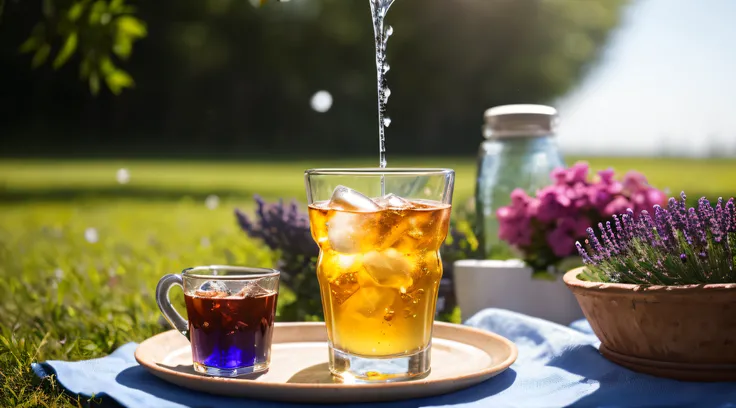 A glass full of carbonated drink with drops, translucent liquid, Ice cubes, bubble, Daisy and lavender flower crown on picnic table cloth, midday outdoor lighting, open air, Natural background, summer, Hot weather, high detail, very humid humidity, high br...