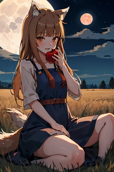 highest quality、high resolution、1 girl、alone、holo、canine、tooth、(aligning bangs、light brown hair、wolf ears、one tail、holo、navy blu...