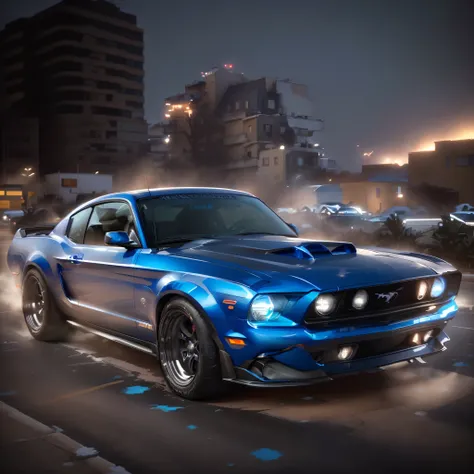 there is a blue mustang car driving in a city street, night, buildings in the background, mustang, hyper real render, muscle cars, octane cgsociety, kodakchrome : : 8 k, highly detailed hyper real retro, hq 4k wallpaper, realistic. octane render, hyper rea...