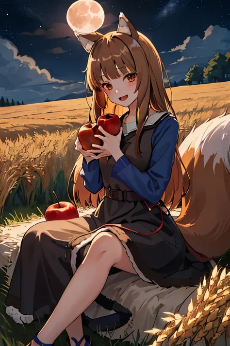 highest quality、high resolution、1 girl、alone、holo、canine、tooth、(aligning bangs、light brown hair、wolf ears、one tail、holo、navy blu...