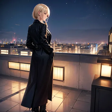 Wind、night、Rooftop、Back view、Have a cigarette in your mouth、Hand pockets、Black long coat、Blonde、woman、whole body