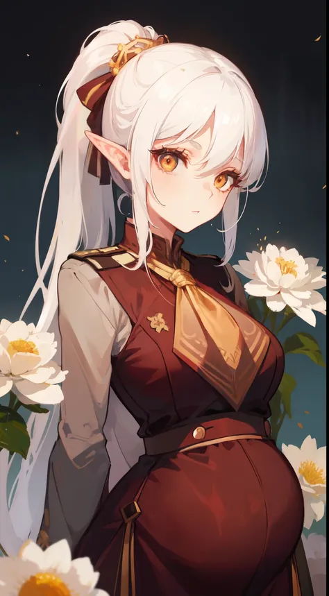 1 girl, wearing a queens uniform, white hair style split flowers, her hair is tied up beautifully with a cute clip, sharp golden eyes, she is elves milf ((37 year old face)) ((no multiple people)), pregnancy