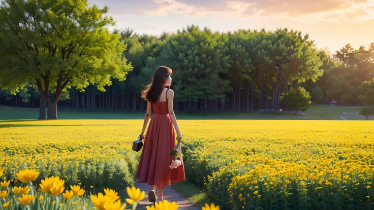 sunset, there is a little girl in a red and white dress holding a bouquet, girl in flowers, picking flowers, holding flowers, picking up a flower, girl standing in flower field, girl standing in a flower field, flowers on heir cheeks, girl in a flower fiel...