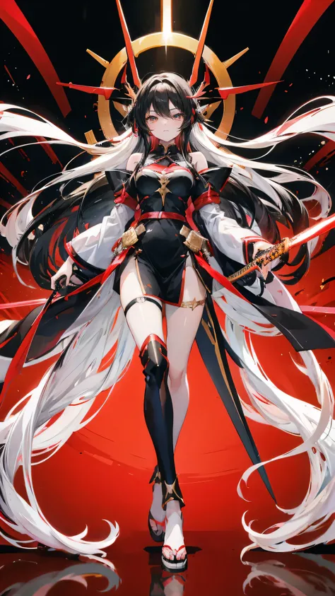 Anime girl, full body, very long hair, half white and half black hair, right eye color black, left eye color golden, black and red dress, mecha, sakura haruka, long katana 