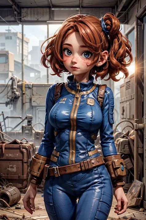 1girl (dynamic angle, highest detailed) in apocalyptic wasteland in daylight, bokeh, light passing through hair ((wearing neon blue vaultsuit)) (messy hair) BREAK (8k, RAW photo, best quality, masterpiece:1.2, masterpiec8K.HDR. highresabsurdres:1.2, film g...
